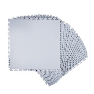 Garage Floor Tiles Interlocking, 16 Pack 20.2 x 20.2 x 0.2 in Interlocking Modular Garage Flooring Tiles, Diamond Plate Slip-Resistant PVC Mats for Workshop,Warehouse,Tool Room, Light Gray