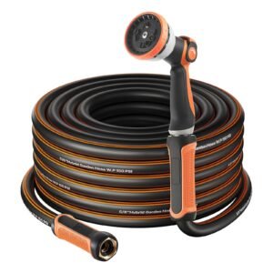 Garden Hose, 150 ft 5/8" Heavy Duty Rubber Water Hose with 10 Mode Nozzle, 150PSI Working & 600PSI Burst, Flexible & Non-kink Outdoor Waterhose with 3/4" Fitting, Lightweight Hoses for Gardening