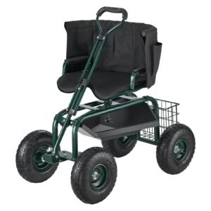 Garden Seat with Wheels, Rolling Garden Stool with Height Adjustable & 360° Swivel Seat, 400lbs Weight Capacity, Gardening Cart Bench, Ergonomic Backrest & Tool Storage, for Garden, Yard, Patio