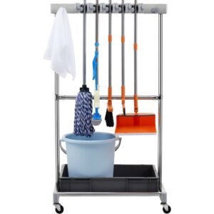 Garden Tool Organizer, 10 Slots with Hooks, Yard Tool Tower Rack with Wheels for Garage Organization and Storage, Hold Long-Handled Tool/Rake/Broom, Metal Tool Stand Holder for Shed, Outdoor