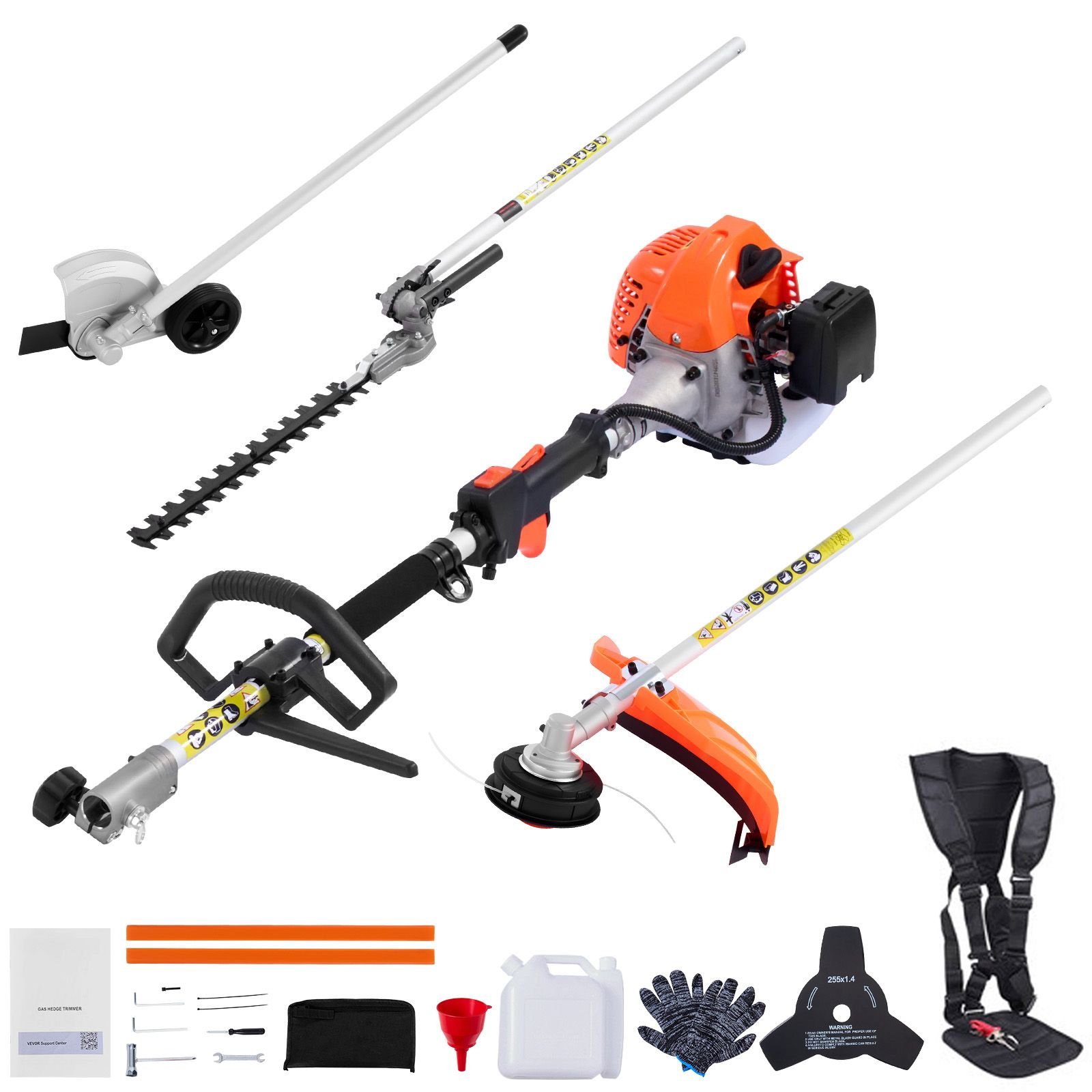 gas hedge trimmer, 2 cycle gas power handheld hedge trimmer, 4 in 1 26cc weed eater with protective gear set, includes hedge and string trimmer, edger, brush cutter, for trimming shrubs & bushes