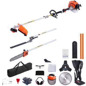 Gas Hedge Trimmer, 2 Cycle Gas Power Handheld Hedge Trimmer, 5-in-1 63cc Cordless Weed Eater with Protective Gear Set, Includes Hedge and String Trimmer, Brush Cutter(3T & 40T Blades), Pole Saw
