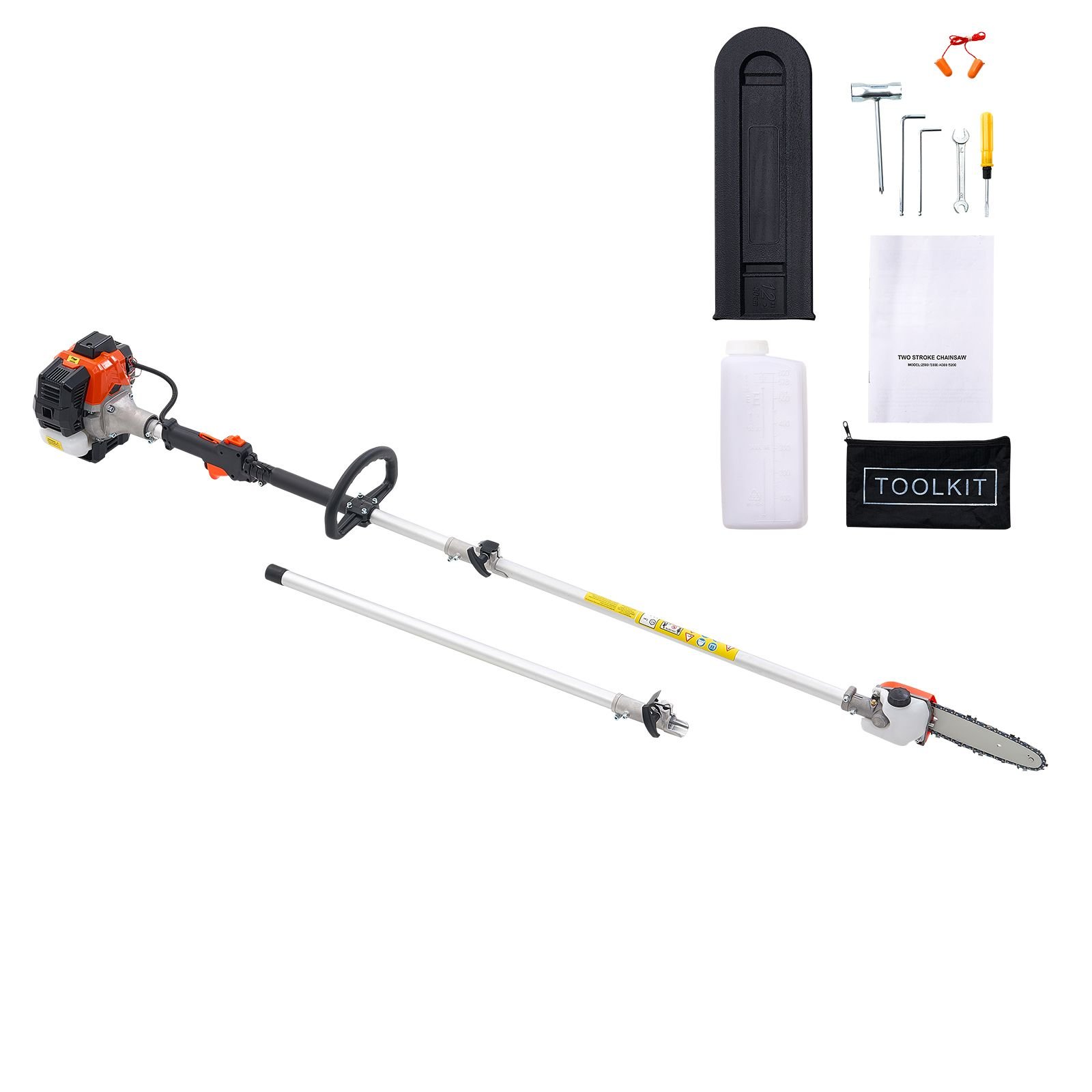 gas pole saw, 25cc 2 stroke gas powered pole saws with 8 in cutting bar, cordless tree trimmer with 23 fl.oz fuel tank, 6.5 to 9 ft extendable, powerful chainsaw for tree trimming pruning