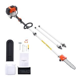 Gas Pole Saw, 43CC 2 Stroke Gas Powered Pole Saws with 10 in Cutting Bar, Cordless Tree Trimmer with 30 fl.oz Fuel Tank, 6.8 to 11.7 ft Extendable, Powerful Chainsaw for Tree Trimming Pruning