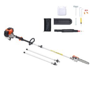 gas pole saw, 43cc 2 stroke gas powered pole saws with 10 in cutting bar, cordless tree trimmer with rotatable head, 6.9 to 11.8 ft extendable, powerful chainsaw for tree trimming pruning