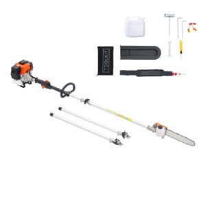 Gas Pole Saw, 43CC 2 Stroke Gas Powered Pole Saws with 12 in Cutting Bar, Cordless Tree Trimmer with Rotatable Head, 7.1 to 12 ft Extendable, Powerful Chainsaw for Tree Trimming Pruning