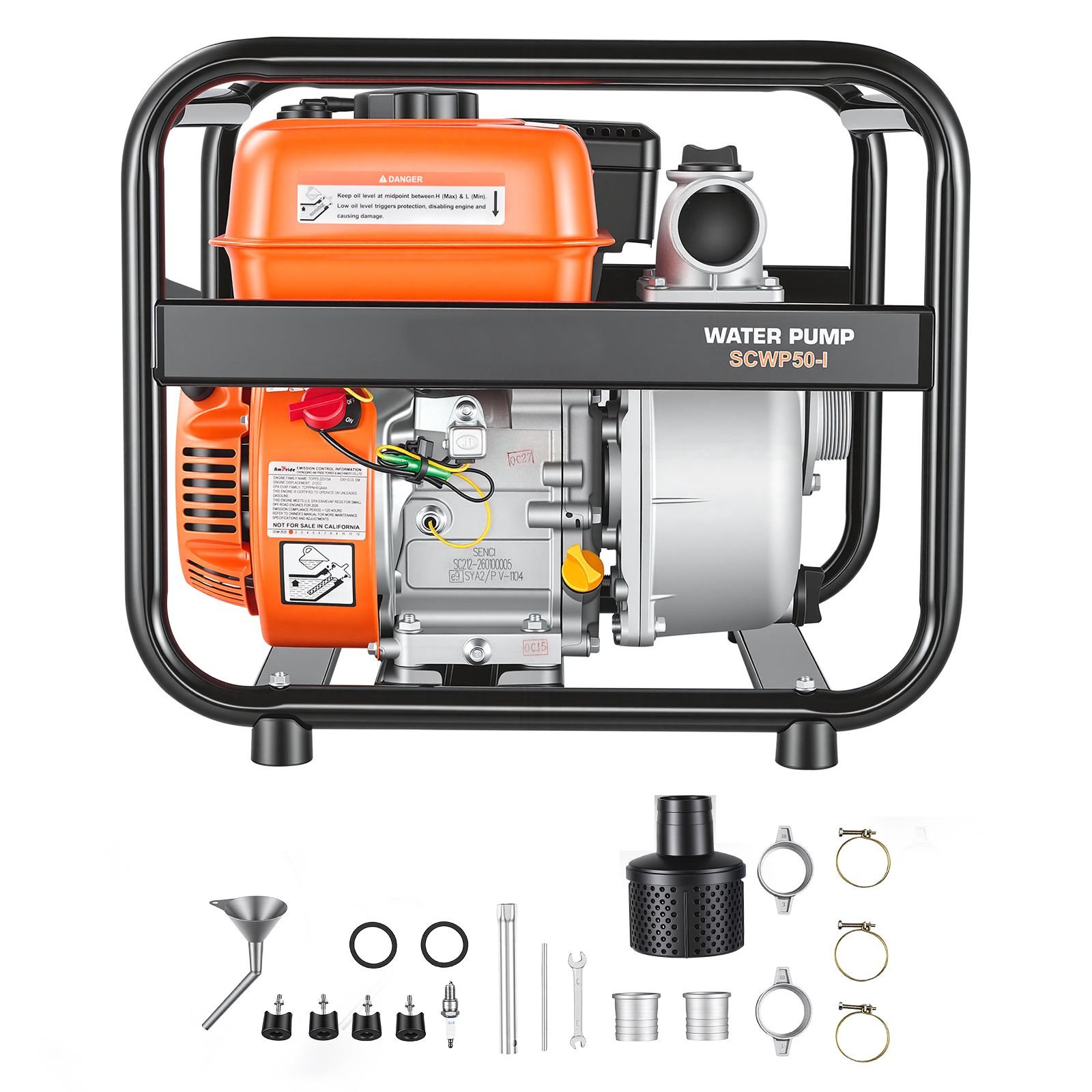 gas powered water pump 2 in 132 gpm 65hp semi trash water transfer pump portable gasoline engine with 25 ft discharge hose heavy duty frame cast iron impeller for irrigation ponds pools.jpg