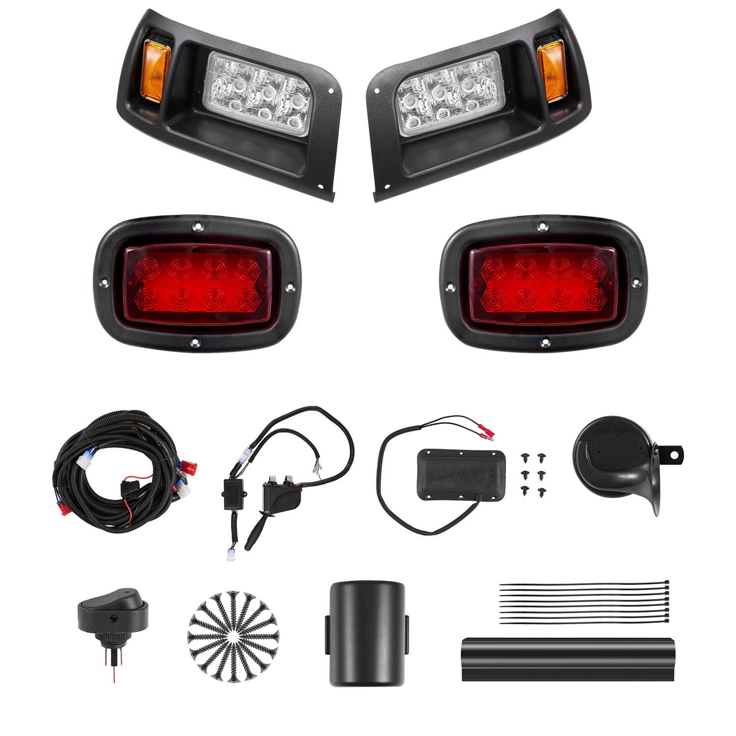 golf cart light kit, 12 volt, street legal led headlight and taillight kit with wiring harness, turn signals, hazard light, switch horn, brake pad, zip ties, abs housing, for club car ds 1993 up
