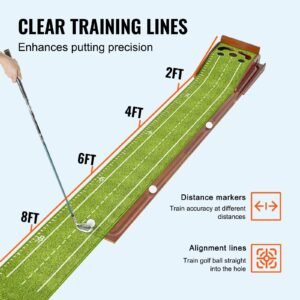 Golf Putting Mat, 5 Hole Indoor Golf Putting Green, Wrinkle-Free Golf Training Aid, Mini Golf Set with Auto-Ball Return, Alignment Guide, 3 Ball, Wood Base, Game Practice Gift for Home Offic