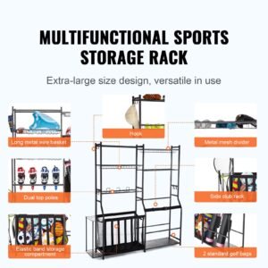 golf storage garage organizer 2 golf bag storage stand holder and other sports equipment storage rack outdoor steel ball cart sports gear and toys storage shelves with baskets hooks black.jpg