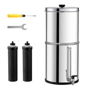 Gravity-fed Water Filter System, 2.25G 304 Stainless-Steel Countertop System, Water Filtration System, Reduces Lead and up to 99% of Chlorine, with 2 Carbon Filters, and Water Level Spigot