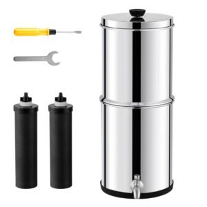 Gravity-fed Water Filter System, 2.25G 304 Stainless-Steel Countertop System, Water Filtration System, Reduces Lead and up to 99% of Chlorine, with 2 Carbon Filters & Spigot, for Home Camping RV