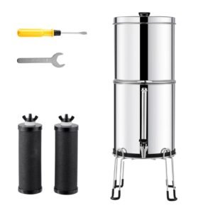 Gravity-fed Water Filter System, 2.25G 304 Stainless-Steel Countertop System, Water Filtration System, Reduces Lead and up to 99% of Chlorine, with 2 Carbon Filters, Water Level Spigot, Stand