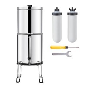 Gravity-fed Water Filter System, 2.25G 304 Stainless-Steel Countertop Water Filtration System, Reduces Lead and up to 99% of Chlorine, with 2 Ceramic Carbon Filters, Water Level Spigot, Stand
