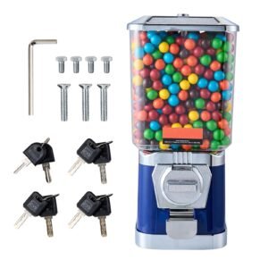 Gumball Machine for Kids, 17"H Home Candy Vending Machine, PC Gumball Dispenser, Bubble Gum Machine for Game Stores, Coin Operated Gumball Bank for Toy Capsules Bouncy Balls Candy, Blue