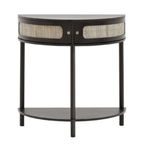 Half-moon Rattan Console Table with 2 Drawers, Rattan Entryway Table with Natural Rattan Sliding Door, Console Table with Storage for Living Room, Study, Entryway Or TV Wall, Black