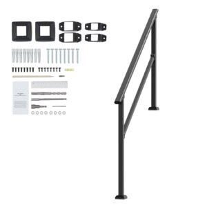 Handrails for Outdoor Steps, 4-5 Step Stair Hand Rail Kit, Transitional Carbon Steel Railings with Installation Kit, Stair Rails for Seniors, Concrete Steps & Porch & Deck, Black Square Tube