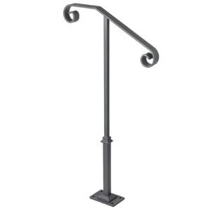 Handrails for Outdoor Steps, Fit 1 or 2 Steps Outdoor Stair Railing, Single Post Wrought Iron Handrail, Gray Transitional Porch Railings for Concrete Steps or Wooden Stairs with Base