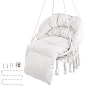 Hanging Hammock Swing Chair, 330 Lbs Capacity, Macramé Hanging Chair with Cushion and Mounting Hardware, Cotton Rope Swing Chair for Bedroom, Balcony, Patio, Garden, Beige