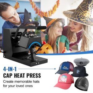 Hat Heat Press, 4-in-1 Cap Heat Press Machine, 6x3inches Clamshell Sublimation Transfer, LCD Digital Timer Temperature Control with 4pcs Curved Heating Elements (6x3/6.7x2.7/6.7x2.7/8.1x3.5)