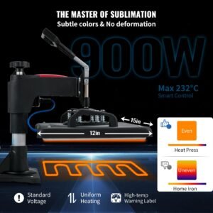 heat press, 5 in 1 heat press 12x15 machine machine, digital precise temperature control, clamshell sublimation transfer printer fast heat up, vinyl heat press for mug cup t shirt plate, 900w