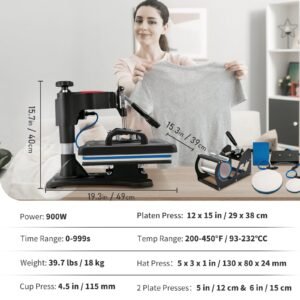 heat press, 5 in 1 heat press 12x15 machine machine, digital precise temperature control, clamshell sublimation transfer printer fast heat up, vinyl heat press for mug cup t shirt plate, 900w