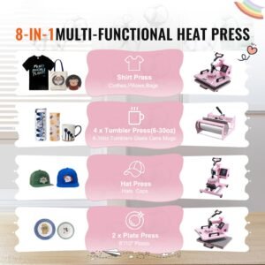 Heat Press Machine, 12 x 15 inch, 5 in 1 Heat Transfer Machine with 30 oz Tumbler Press, 360° Swing Away T-Shirt Pressing, Digital Precise Control, for T-Shirts/Mugs/Hats/Plates, Pink