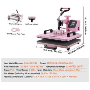 heat press machine 12 x 15 inch 5 in 1 heat transfer machine with 30 oz tumbler press 360 swing away t shirt pressing digital precise control for t shirtsmugshatsplates pink 4.jpg