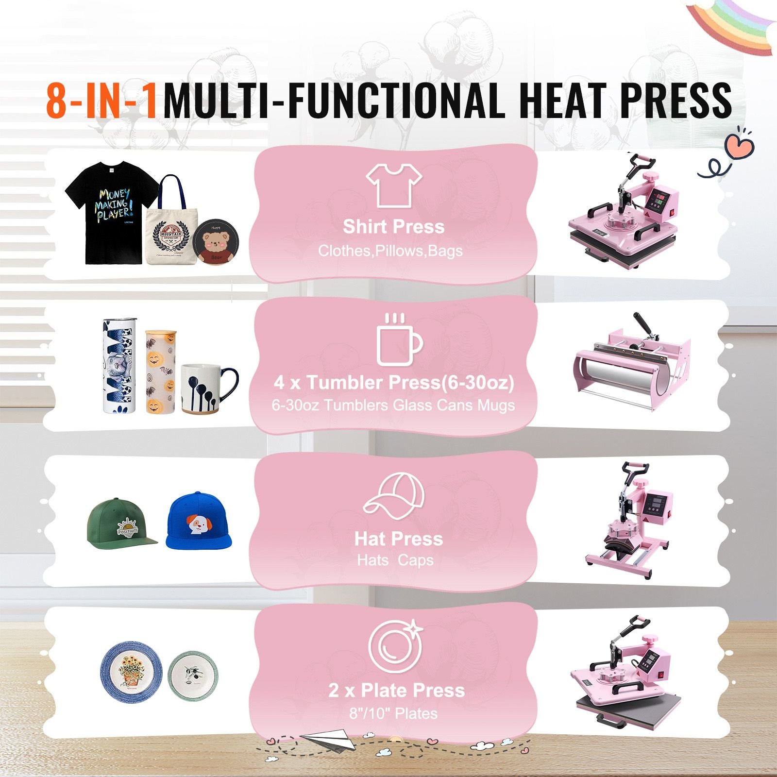 heat press machine 12 x 15 inch 5 in 1 heat transfer machine with 30 oz tumbler press 360 swing away t shirt pressing digital precise control for t shirtsmugshatsplates pink.jpg