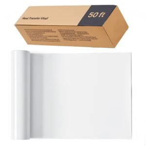 Heat Transfer Vinyl, 12 in x 50 ft, Glossy White HTV Iron on Vinyl Roll, Easy to Cut and Weed, Strong Adhesion, Compatible with Cutting Machines, for Various Materials, T-shirts, Pillows, Hats