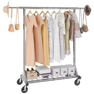 Heavy Duty Clothes Rack, Double Hanging Rod Clothing Garment Rack for Hanging Clothes, Adjustable Height and Extendable Length Clothing Rack with Bottom Storage Area, 600 lbs Load Capacity