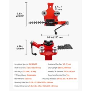 heavy duty pipe chain vise, 1/8" 5" pipe capacity, 26" rugged chain & cast iron base, hitch mount vise plate holder with adjustable height fits 2 inch x 2 inch receiver