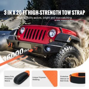 heavy duty tow strap recovery kit 3 x 20 ft mbs 36000 lbs tree saver winch strap triple reinforced loop protective sleeves storage bag 34 d ring shackles for truck jeep suv atv 1.jpg