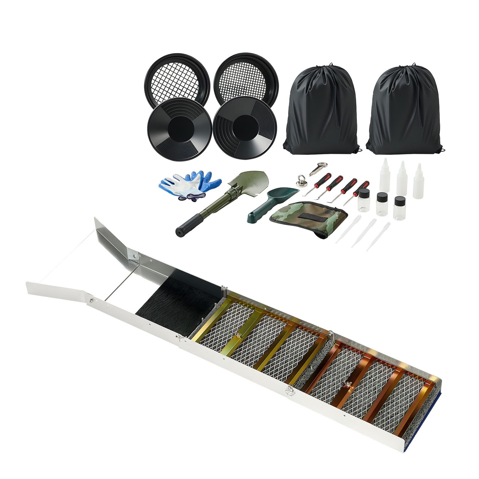 highbanker gold panning kit 50 3 in 1 folding high banker gold sluice box 26 pcs portable mining equipment prospecting kit with gold pans classifier screen magnet backpack and accessories.jpg