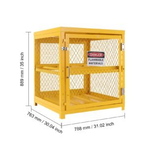 horizontal cylinder storage cabinet, 4 x 33 lbs cylinder capacity, 31.02x30.04x35 inch propane storage cage, gas cylinder cabinet, yellow powder coat finish, for freon, gases, oxygen, nitrogen
