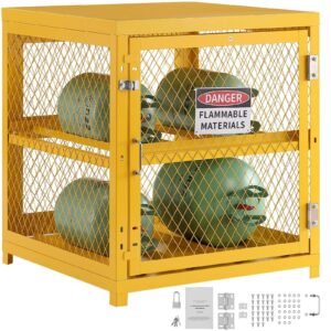 horizontal cylinder storage cabinet, 4 x 33 lbs cylinder capacity, 31.02x30.04x35 inch propane storage cage, gas cylinder cabinet, yellow powder coat finish, for freon, gases, oxygen, nitrogen
