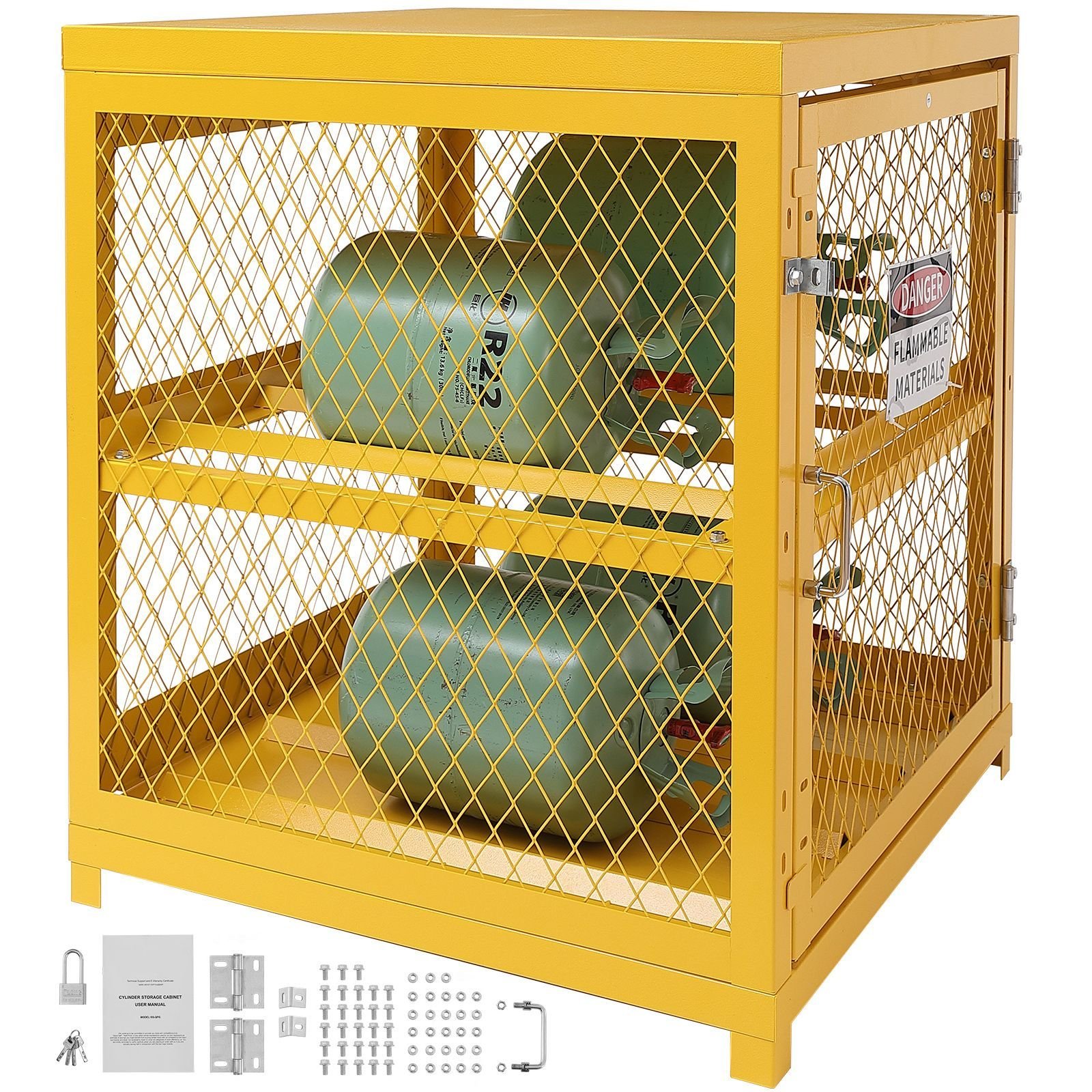 horizontal cylinder storage cabinet, 4 x 33 lbs cylinder capacity, 31.02x30.04x35 inch propane storage cage, gas cylinder cabinet, yellow powder coat finish, for freon, gases, oxygen, nitrogen