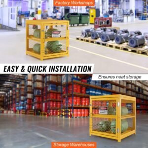 horizontal cylinder storage cabinet, 4 x 33 lbs cylinder capacity, 31.02x30.04x35 inch propane storage cage, gas cylinder cabinet, yellow powder coat finish, for freon, gases, oxygen, nitrogen
