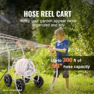 Hose Reel Cart, Hold Up to 300 ft of 5/8'' Hose, Garden Water Hose Carts Mobile Tools with 4 Wheels, Heavy Duty Powder-coated Steel Outdoor Planting with Storage Basket, for Garden, Yard, Lawn