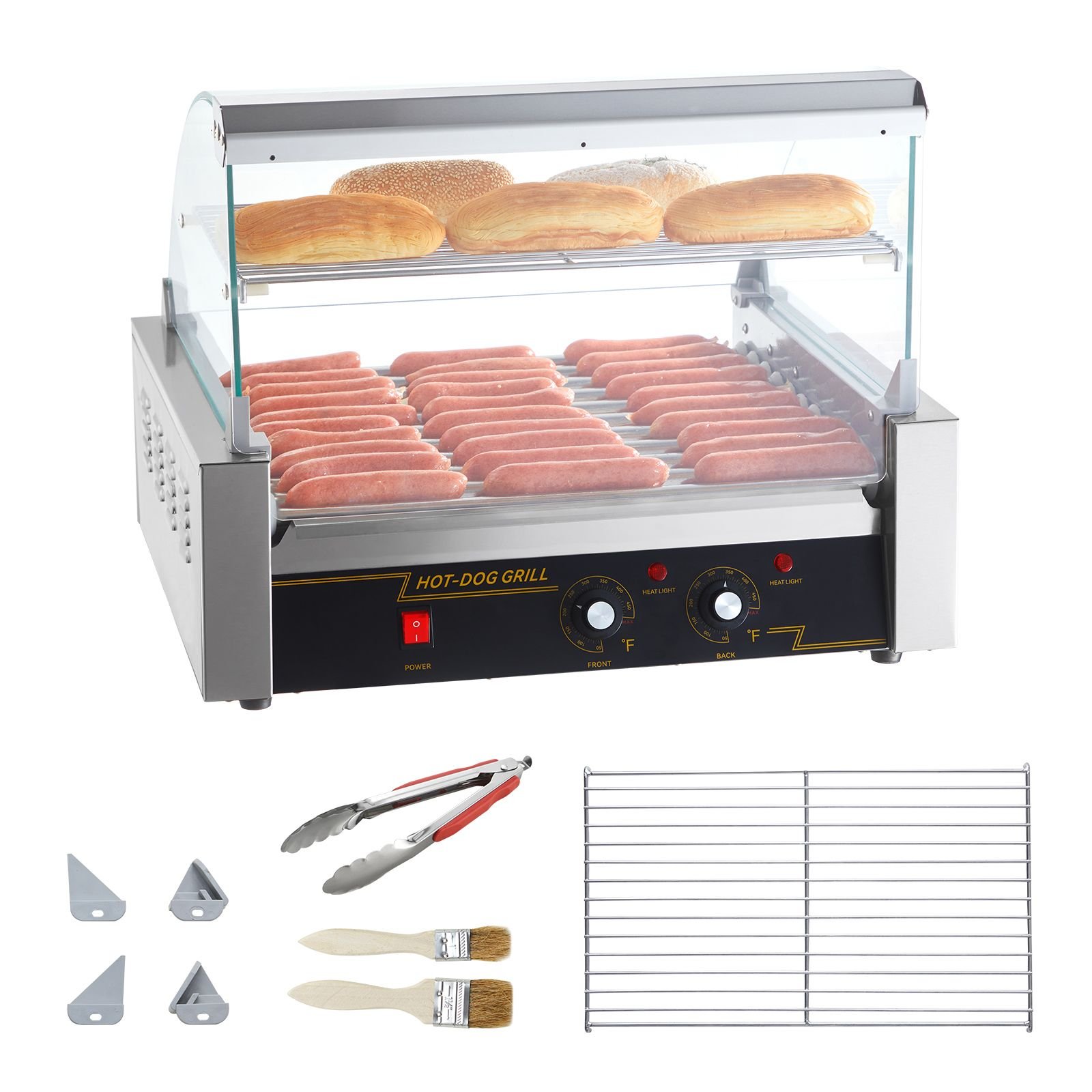 hot dog roller, 11 rollers 30 hot dogs capacity, 1650w stainless sausage grill cooker machine with dual temp control glass hood acrylic cover bun warmer shelf removable drip tray, etl certified