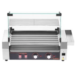 Hot Dog Roller, 12 Hot Dog 5 Rollers, Stainless Steel Sausage Grill Cooker, 750W Commercial Hot Dog Machine with Dual Temp Control, Cover, Side Storage Box, Removable Shelf & Oil Drip Tray