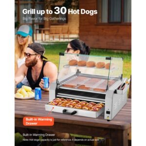 Hot Dog Roller, 30 Hot Dog 11 Rollers, Stainless Steel Sausage Grill Cooker, 1950W Hot Dog Machine with Bun Warmer, Cover, 3 Temp Control, Side Storage Box, Oil Drip Tray, for Home & Commercial