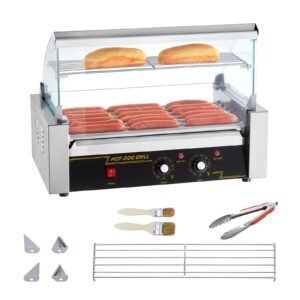 Hot Dog Roller 7 Rollers 18 Hot Dogs Capacity 1050W Stainless Sausage Grill Cooker Machine with Dual Temp Control Glass Hood Acrylic Cover Bun Warmer Shelf Removable Oil Drip Tray, ETL Certified