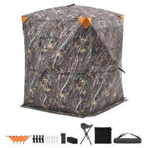 Hunting Blind, 2-3 Person Thermal Ground Blinds with Tri-Leg Chair and Carrying Bag, Portable Camouflage Tent, Durable Concealed Shelter with Silent Zipper Door and Window, for Turkey Deer