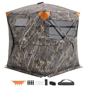 Hunting Blind, 270° See Through Ground Blind, 1-2 Person Pop Up Deer Blind for Hunting with Carrying Bag, Portable Resilient Hunting Tent, One-Way See-Through Mesh for Turkey and Deer Hunting