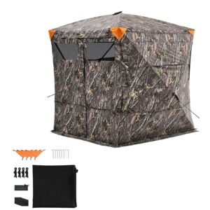 Hunting Blind, 4-5 Person See Through Ground Blinds with Carrying Bag, 270 Degree Portable Camouflage Tent, Durable Concealed Shelter with Silent Magnetic Door and Window, for Turkey and Deer