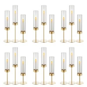 Hurricane Candle Holders Set of 18, Gold Metal Stand with Clear Glass Cylinders, Elegant Tiered Centerpieces Wind Protection for Wedding, Table Centerpieces, Party, Home Decor, Modern Style
