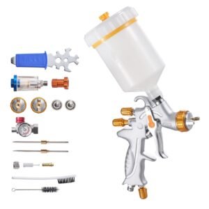 HVLP Air Spray Gun, Gravity Feed Paint Sprayer Gun with 3 Nozzles (1.3/1.4/1.7mm), 600ml Capacity Auto Paint Sprayer with Air Regulator for Automotive Primers, Clear Coats & Topcoats