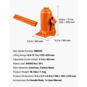 hydraulic bottle jack, 20 ton (44092 lbs) capacity, 8.9 17.1 inch lifting range, heavy duty welded bottle jack for car, suv, pickup, auto repair, house lift and agricultural equipment, orange
