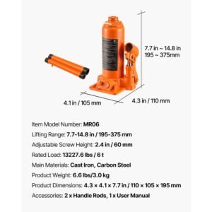hydraulic bottle jack, 6 ton (13227.6 lbs) capacity, 7.7 14.8 inch lifting range, heavy duty welded bottle jack for car, suv, pickup, auto repair, house lift and agricultural equipment, orange